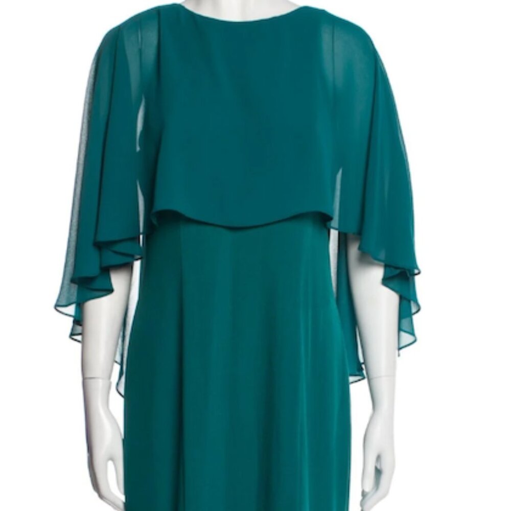 Amsale Crane Cape Gown in Teal